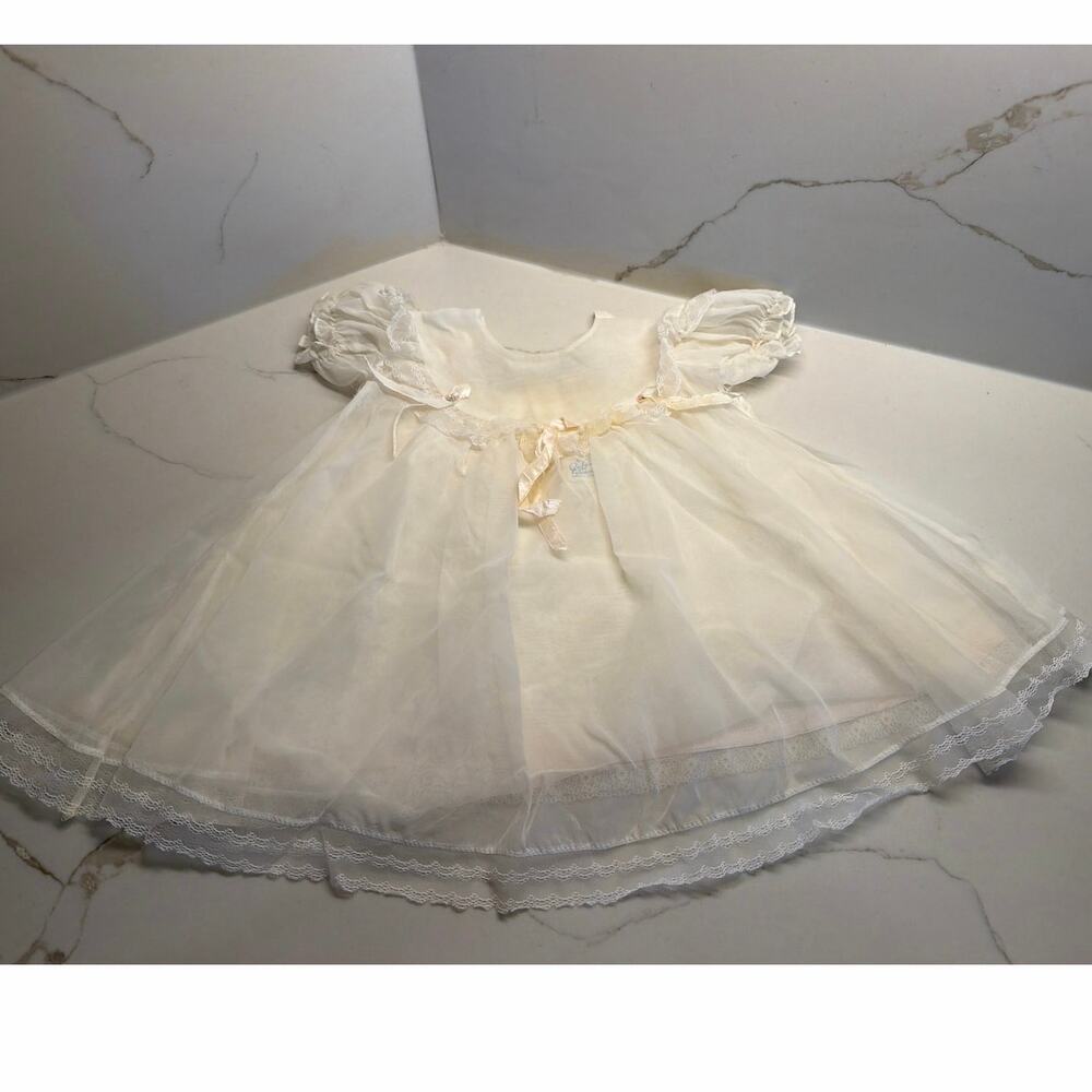 Vintage 2 Piece White Christening Dress Sheer Puffed Sleeves Lace